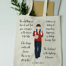 Load image into Gallery viewer, St Carlo Acutis Catholic Tote Bag