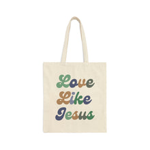Load image into Gallery viewer, Love Like Jesus Tote Bag in Groovy Blues