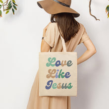 Load image into Gallery viewer, Love Like Jesus Tote Bag in Groovy Blues