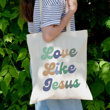 Load image into Gallery viewer, Love Like Jesus Tote Bag in Groovy Blues