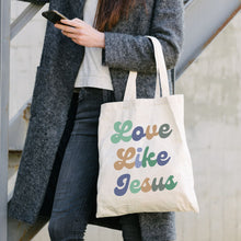 Load image into Gallery viewer, Love Like Jesus Tote Bag in Groovy Blues