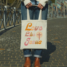 Load image into Gallery viewer, Love Like Jesus Tote Bag in Groovy Pinks