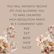 Load image into Gallery viewer, Floral design with text on a beige background about JPG file sizes.
