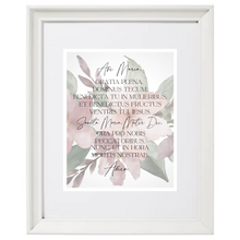 Load image into Gallery viewer, Ave Maria prayer, on a floral watercolor background.  Print in white frame.