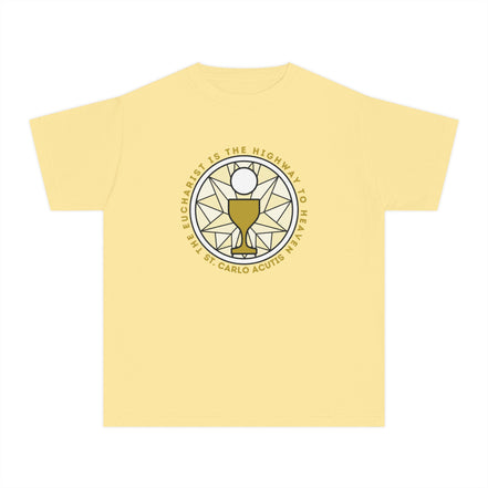 St Carlo Acutis: Eucharist is the Highway to Heaven - YOUTH Comfort Colors® Shirt