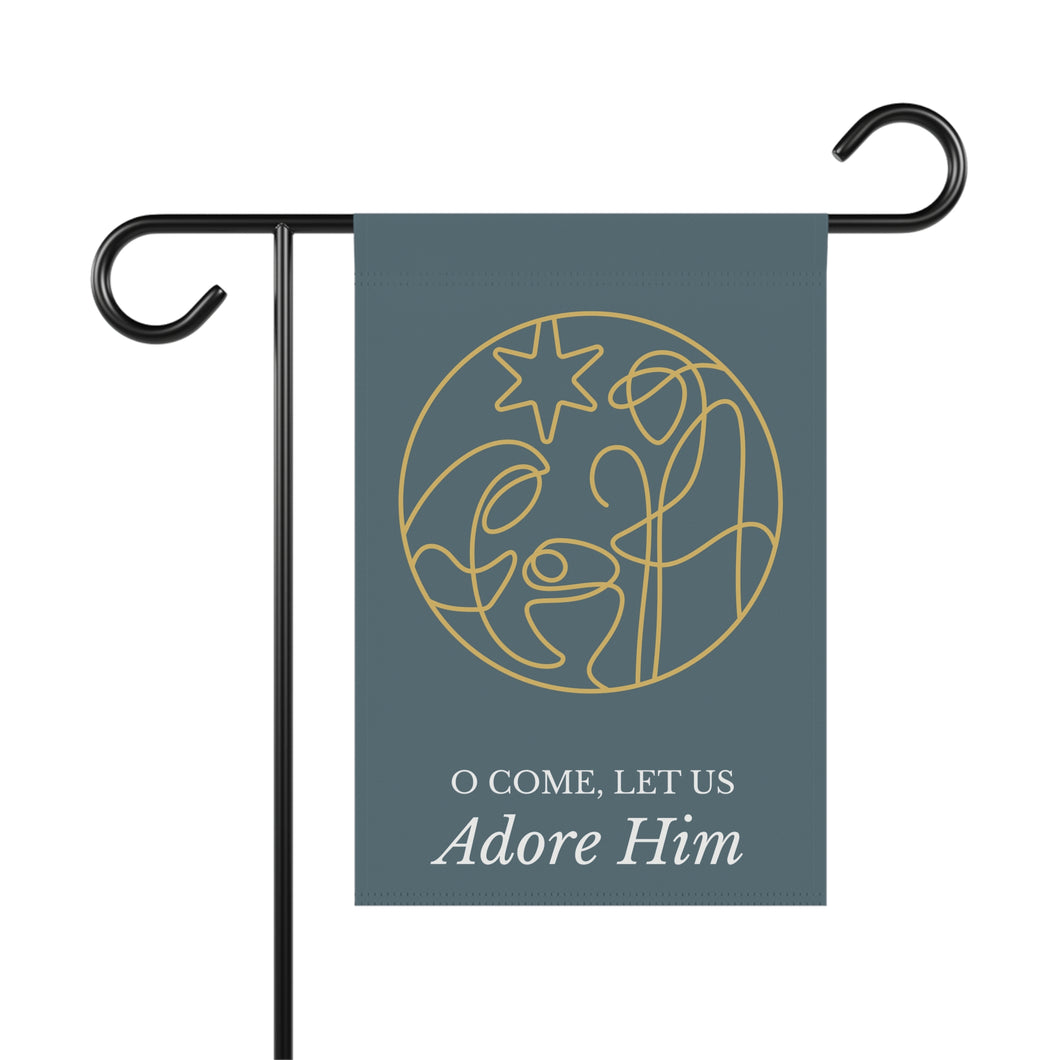 O Come Let Us Adore Him -Smoky Blue Minimalist Garden Flag