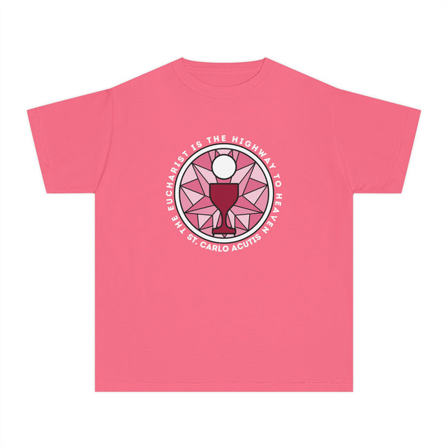 St Carlo Acutis: Eucharist is the Highway to Heaven - YOUTH Comfort Colors® Shirt