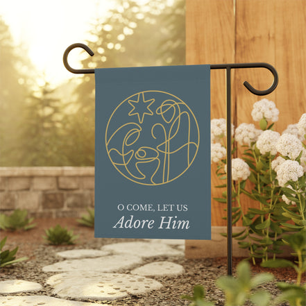 O Come Let Us Adore Him -Smoky Blue Minimalist Garden Flag