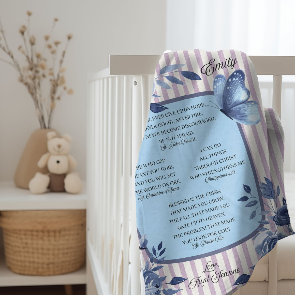 Personalized Blanket for Catholic Youth With Saint Quotes - Purple and Blue