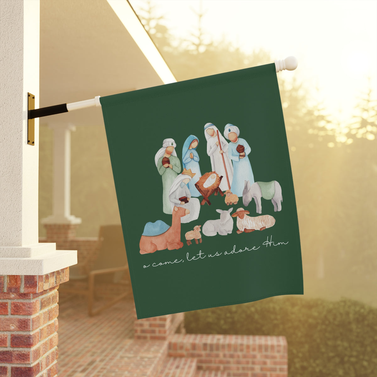 Watercolor Nativity - O Come Let Us Adore Him: Garden Flag