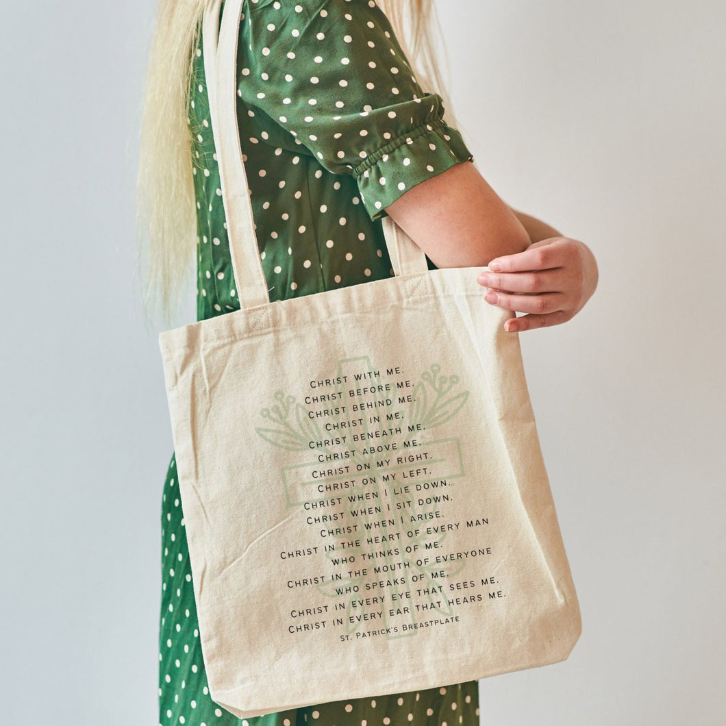 canvas tote bag printed with the St. Patrick breastplate prayer - Christ with me, Christ before me...