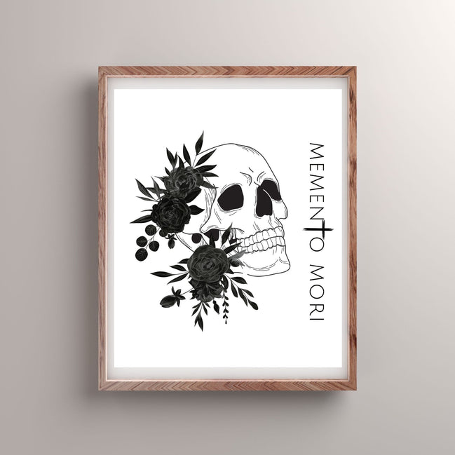 memento mori catholic digital print featuring a skull and black flowers