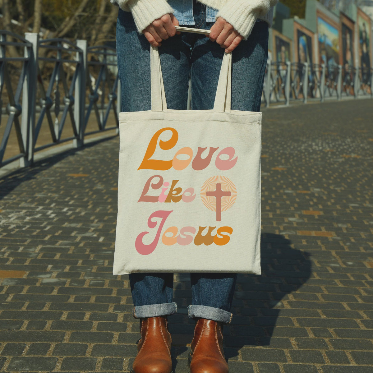 Love Like Jesus Tote Bag in Groovy Pinks