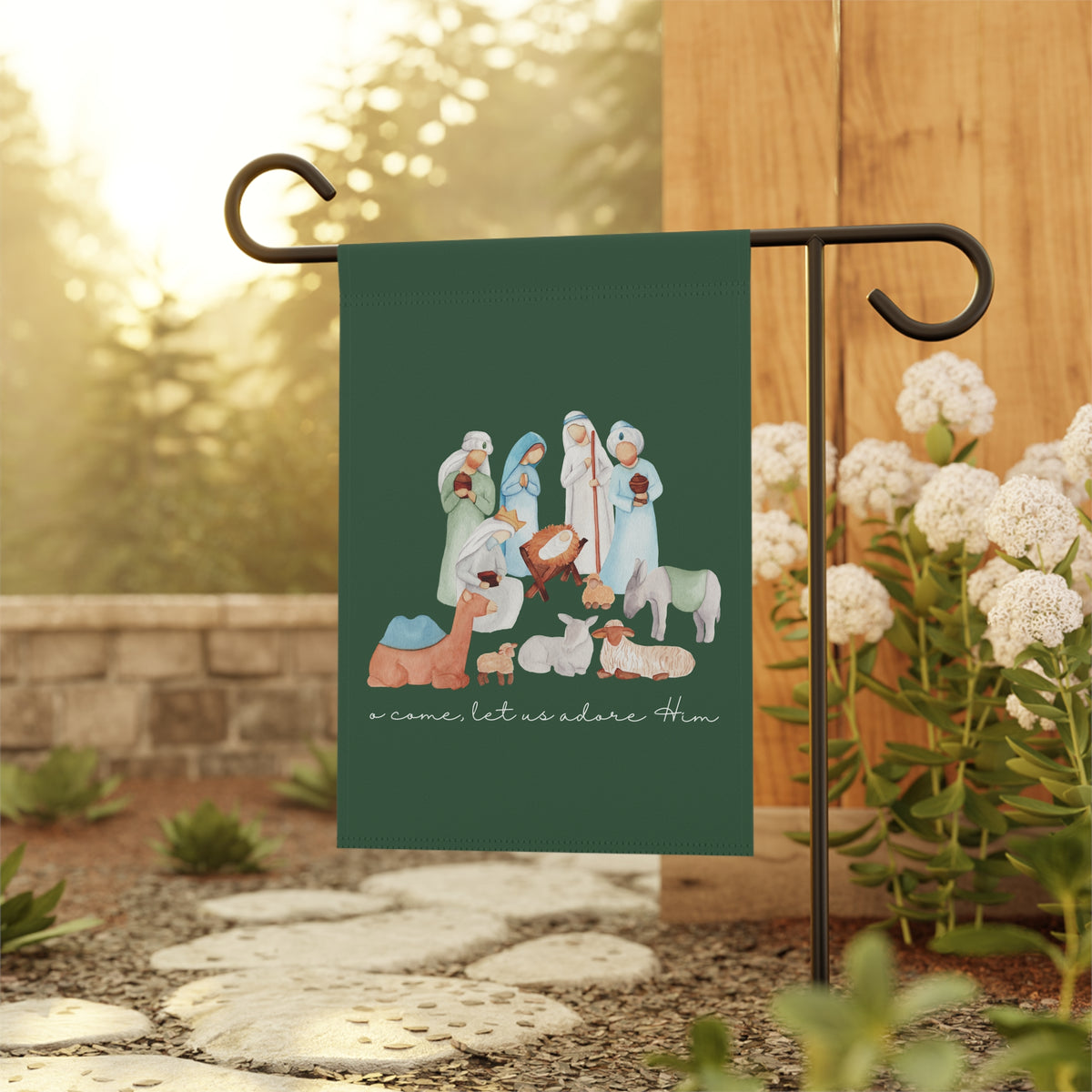 Watercolor Nativity - O Come Let Us Adore Him: Garden Flag