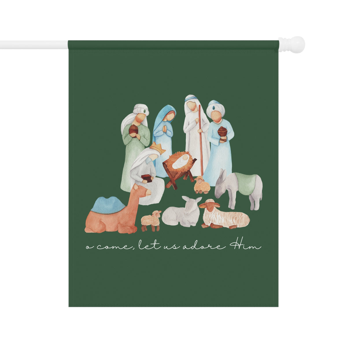 Watercolor Nativity - O Come Let Us Adore Him: Garden Flag