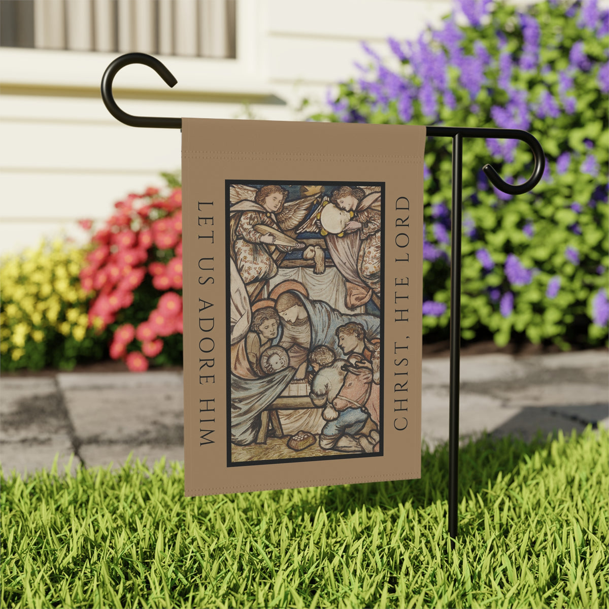 Vintage Nativity Painting - O Come Let Us Adore Him: Garden Flag