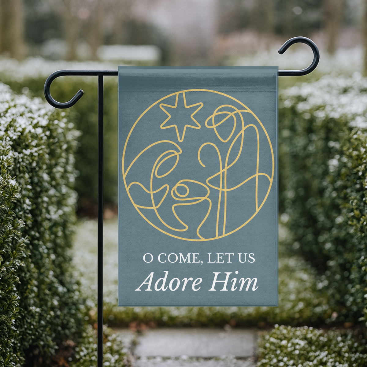 O Come Let Us Adore Him -Smoky Blue Minimalist Garden Flag