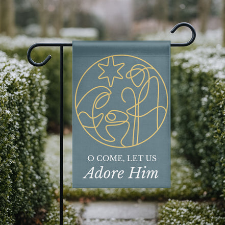 O Come Let Us Adore Him -Smoky Blue Minimalist Garden Flag