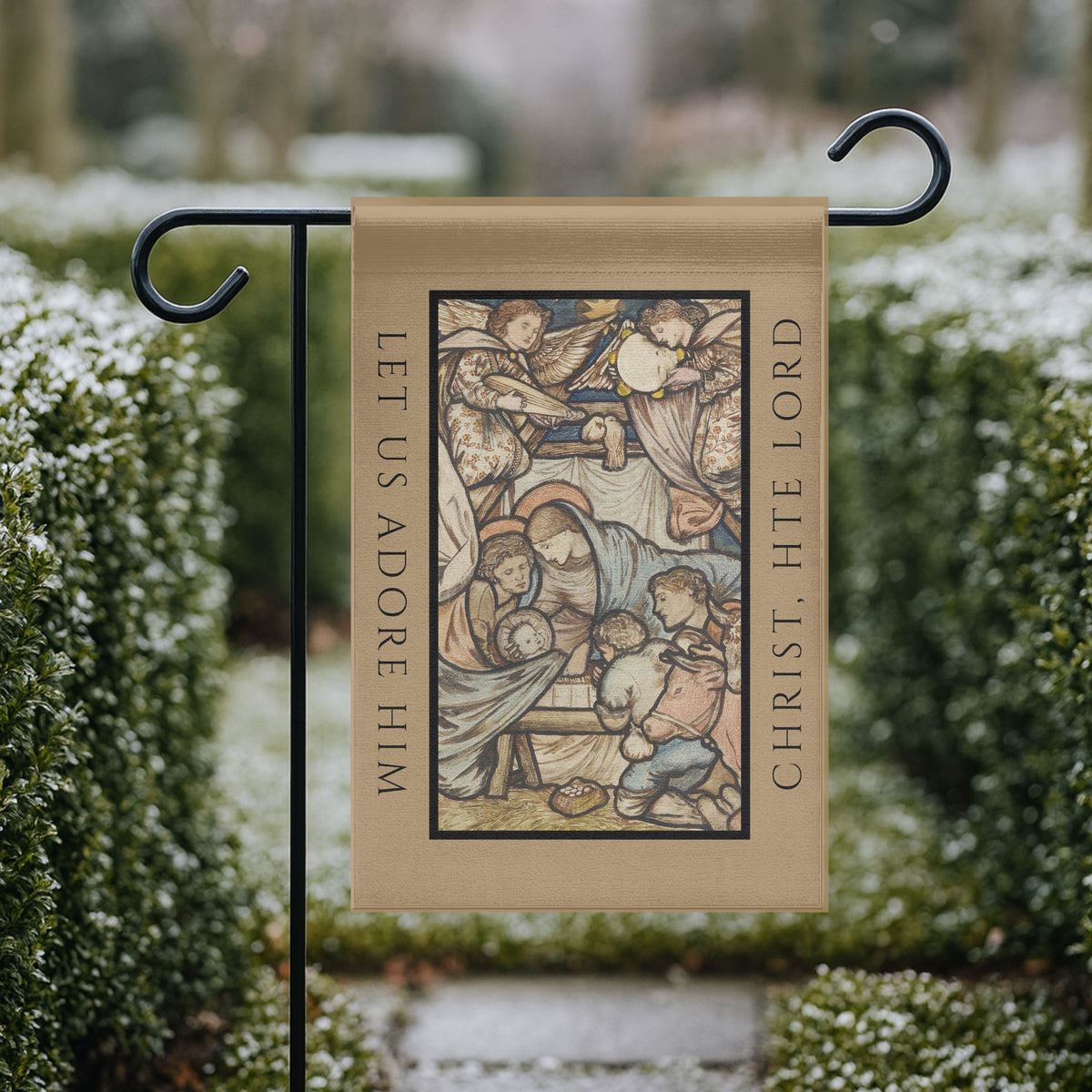 Vintage Nativity Painting - O Come Let Us Adore Him: Garden Flag