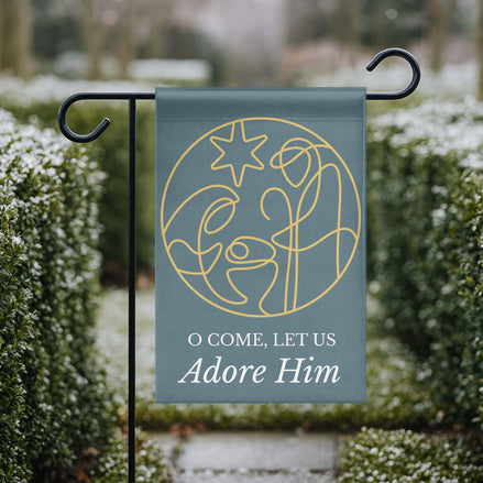 O Come Let Us Adore Him -Smoky Blue Minimalist Garden Flag