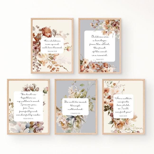 Christian Floral Motherhood Bible Verses:  Set of Printable Wall Art