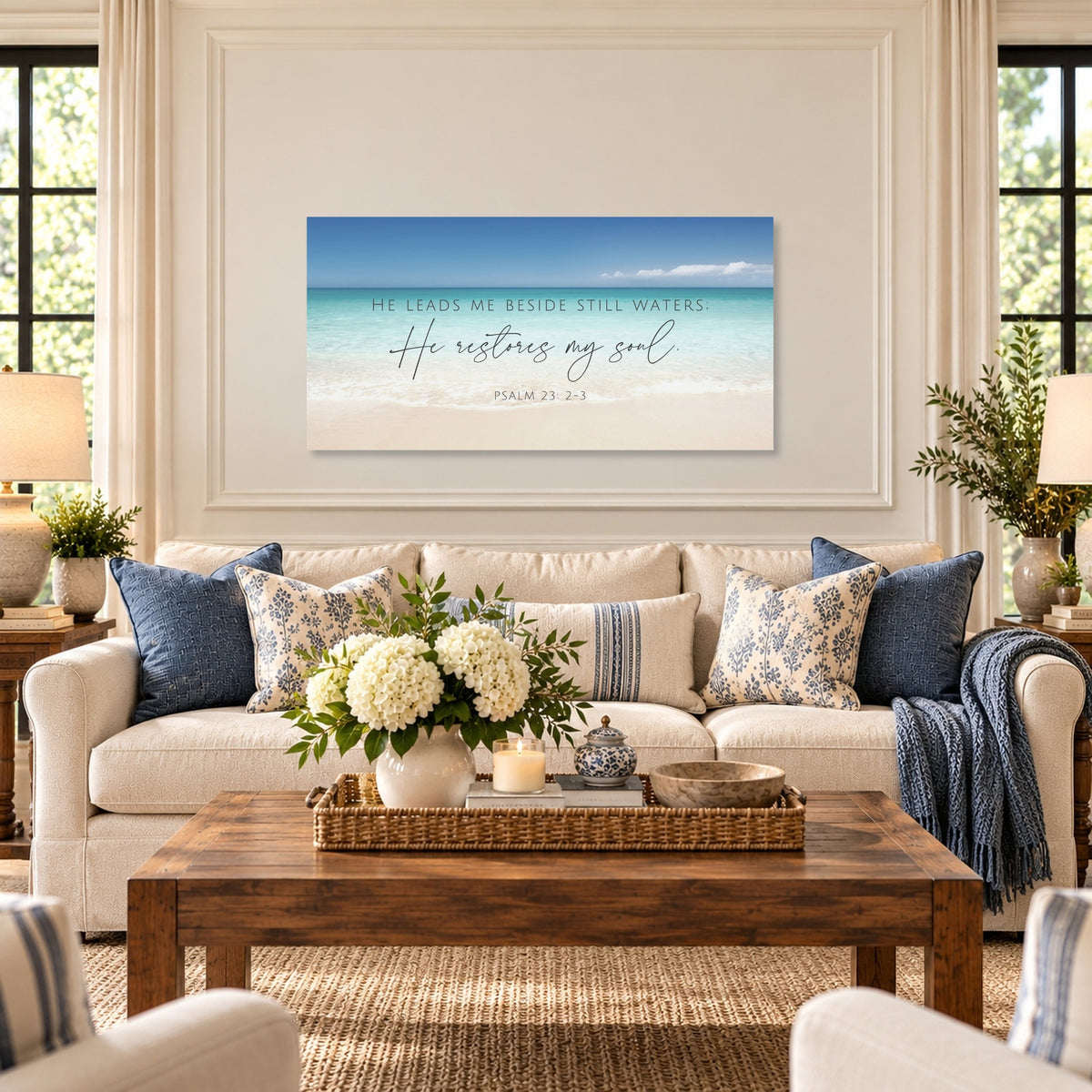 Psalm 23 - He Restores My Soul - Ocean - Horizontal Canvas Art Print