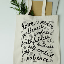 Load image into Gallery viewer, Fruit of the Spirit Doodle Collage Tote Bag

