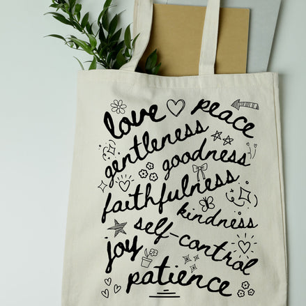 Fruit of the Spirit Doodle Collage Tote Bag