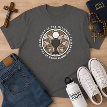 Load image into Gallery viewer, St Carlo Acutis: Eucharist is the Highway to Heaven - YOUTH Comfort Colors® Shirt
