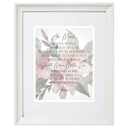 Ave Maria prayer, on a floral watercolor background.  Print in white frame.