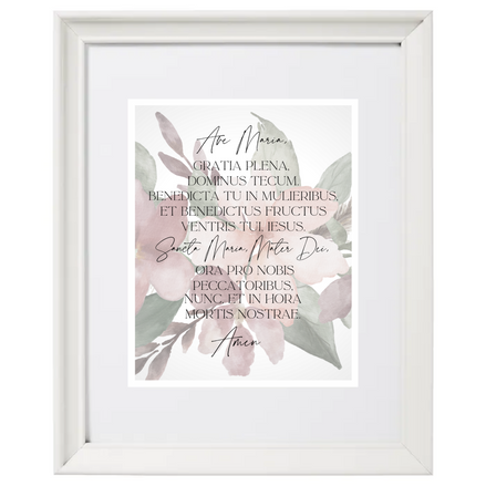 Ave Maria prayer, on a floral watercolor background.  Print in white frame.