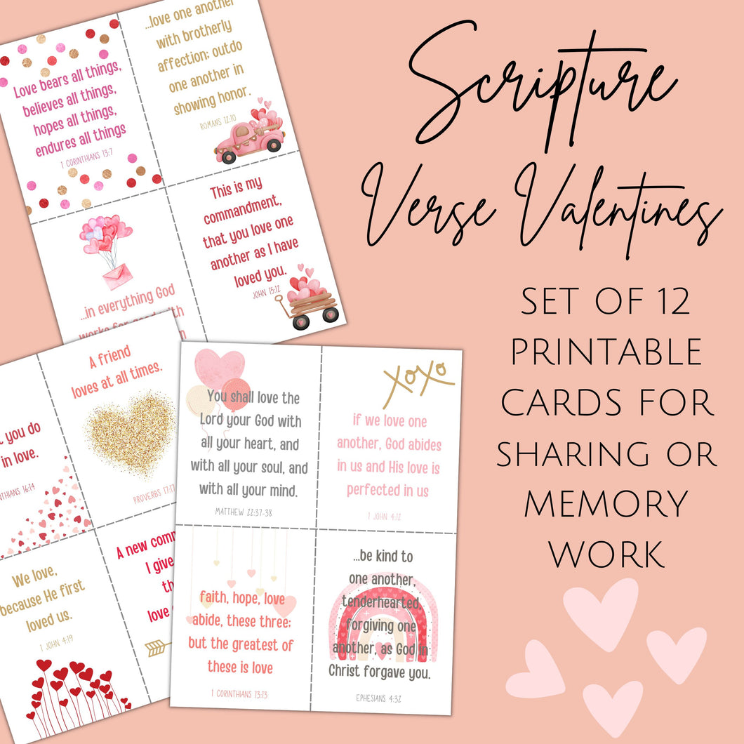 Printable Bible Verse Valentines:  Set of 12 Scripture Cards